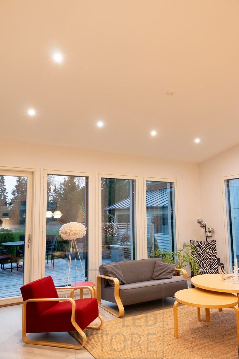 In the living room, spotlights on the ceiling as general lighting to circulate the space. Ledstore.fi