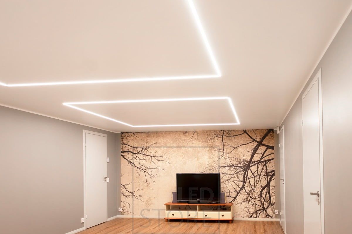 Led strip with an inverted profile creates shapes in the ceiling and thus creates atmospheric and even general lighting in a low space. Ledstore.fi