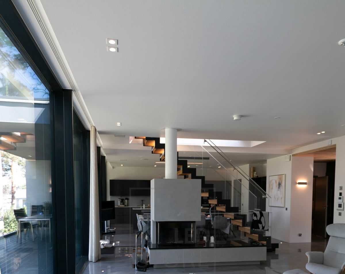 White Kantti spotlights in pairs on the ceiling as general lighting. Ledstore.fi