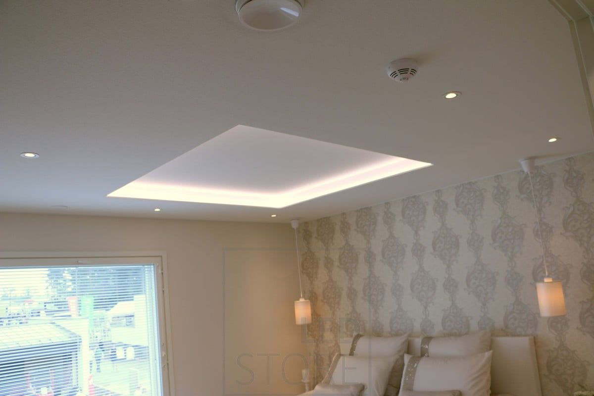 Led strip to illuminate the indirect light, spotlights to bring the direct light down and interior lamps to finish the whole. Ledstore.fi