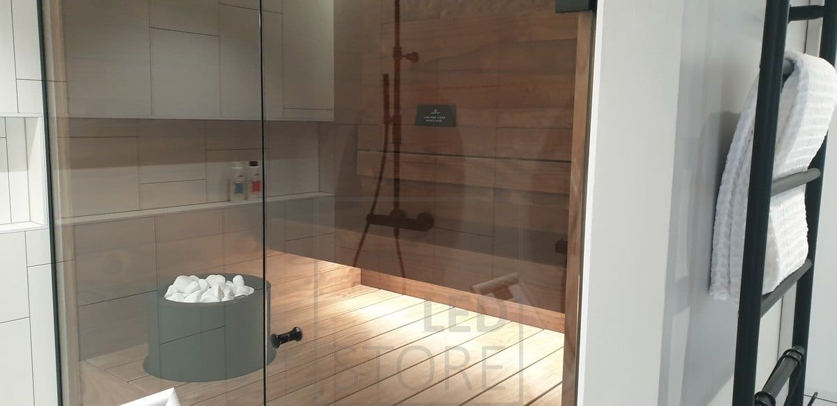 Sauna lighting with led strip under the ceiling. Indirectly illuminates the sauna with soft mood lighting. Ledstore.fi