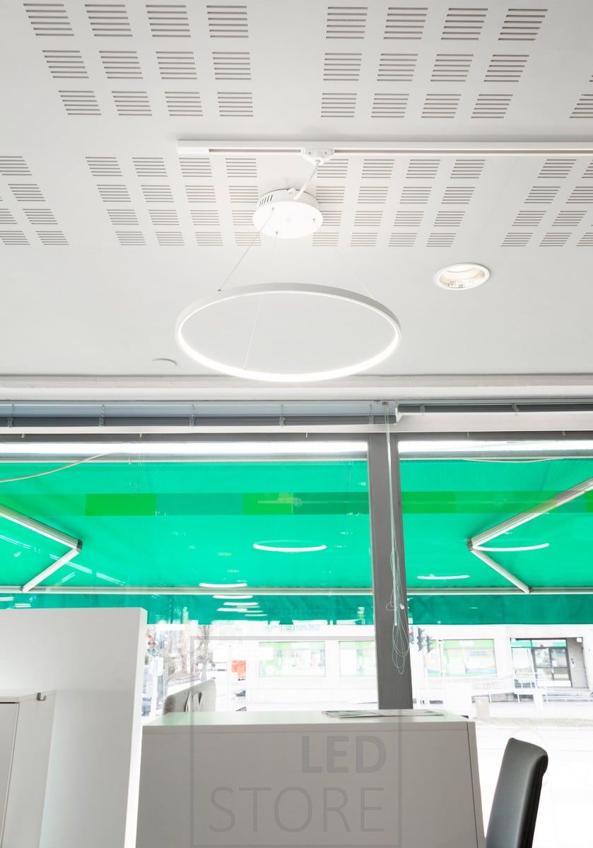 Office lighting implemented with Rinkeli luminaires. The minimalist Rinkeli luminaire provides a uniform and pleasing light. The luminaire is beautifully minimalist and can be adjusted to the right height using cables. Suitable for both home and office. Our range includes three sizes. Ledstore.fi