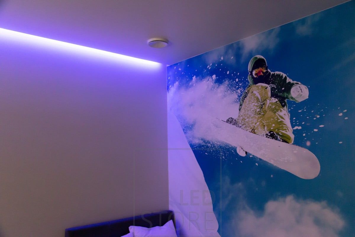RGB ribbon creating mood lighting, indirectly illuminating. Colours are infinitely adjustable. Ledstore.fi