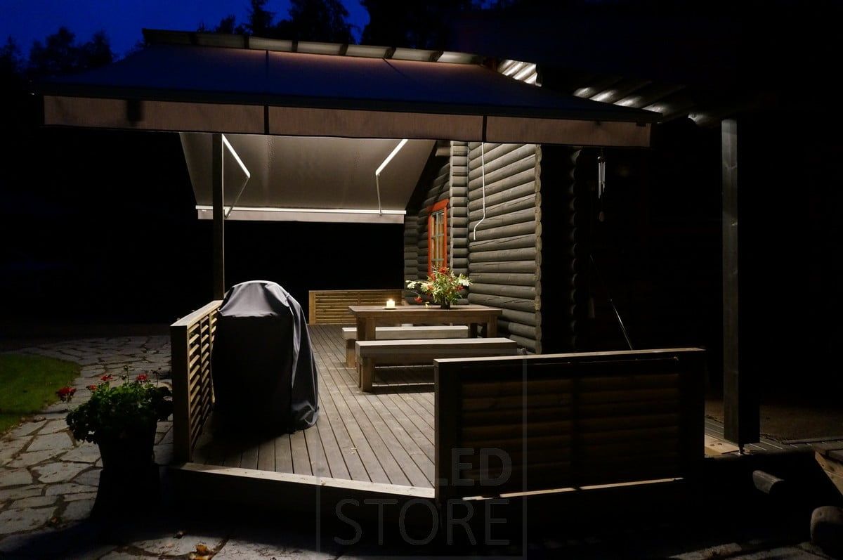 LED ribbon in the middle of the canopy creates a pleasant and atmospheric lighting for the terrace. Ledstore.fi