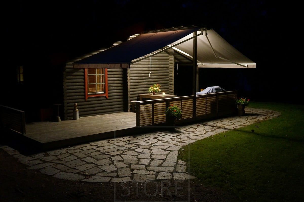 LED strip in the middle of the canopy illuminating the terrace with atmospheric general lighting. Ledstore.fi