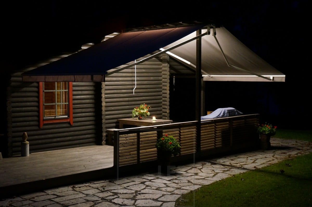 LED strip on the canopy creating atmospheric general lighting for the terrace. Ledstore.fi