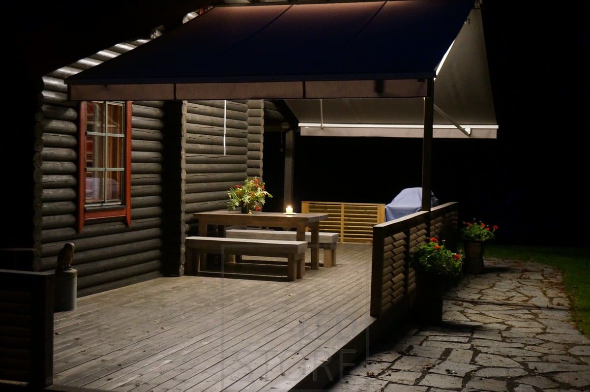 LED strip in the middle of the canopy creating atmospheric general lighting for the terrace. Ledstore.fi