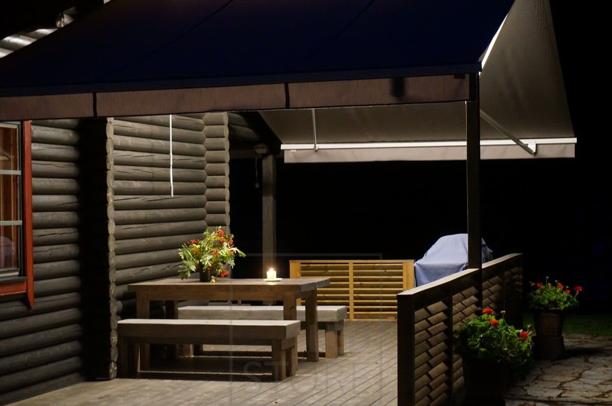 LED strip on the canopy creating atmospheric general lighting for the terrace. Ledstore.fi