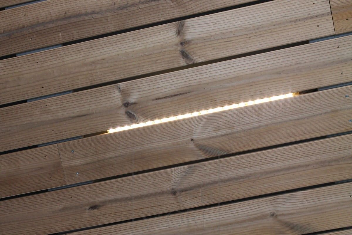 Exterior lighting with led strips between the panelling. Ledstore.fi