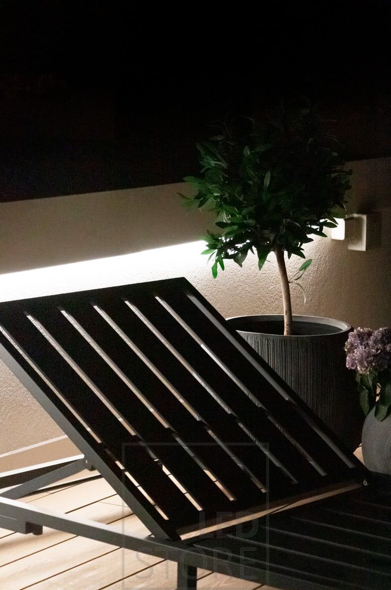 On the terrace, under the railing, a LED strip illuminates the terrace with indirect mood lighting. Ledstore.fi