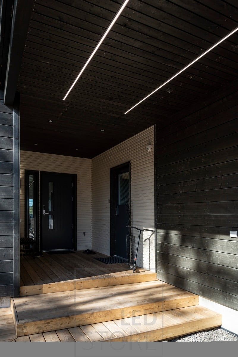 LED strip on a low surface profile on a roof, illuminating the roof. Ledstore.fi