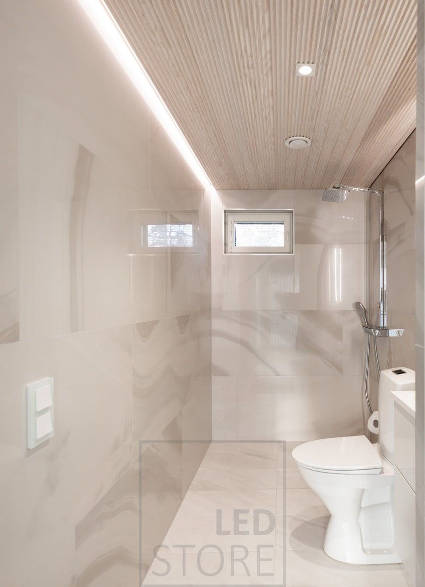 Indirect mood lighting in a public bathroom. Ledstore.fi