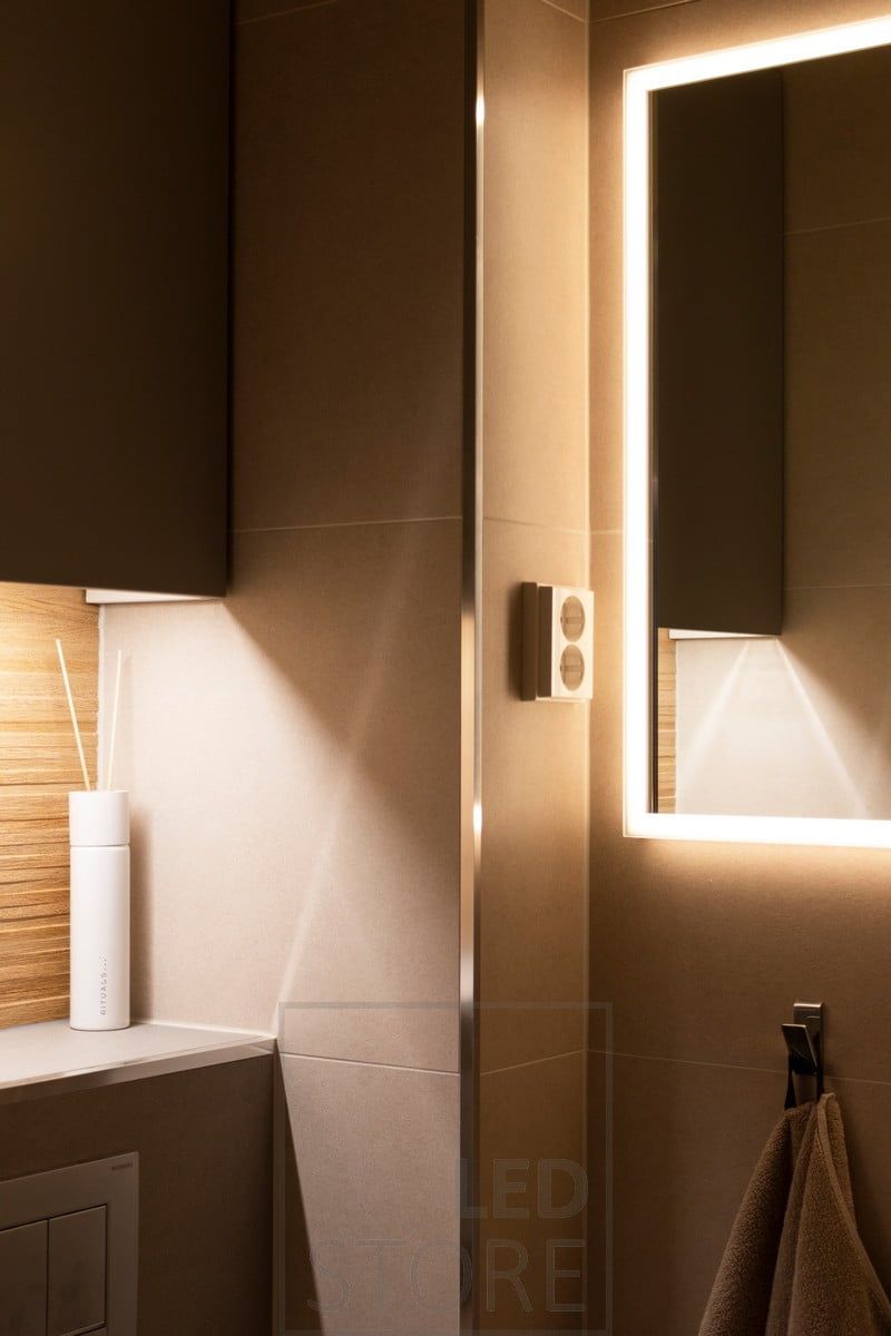 Light mirror combined with indirect lighting for a shelf. Ledstore.fi