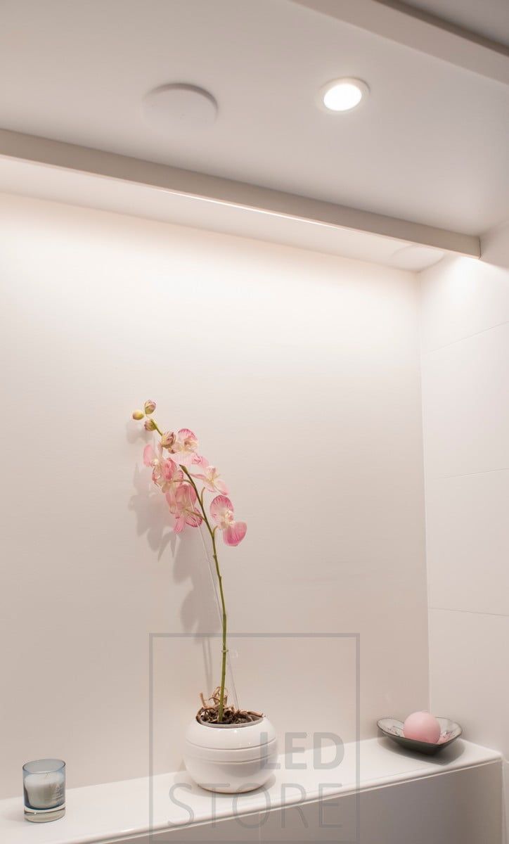 Shelf illuminated by led strip, creates beautiful and pleasant indirect light in the space. Ledstore.fi