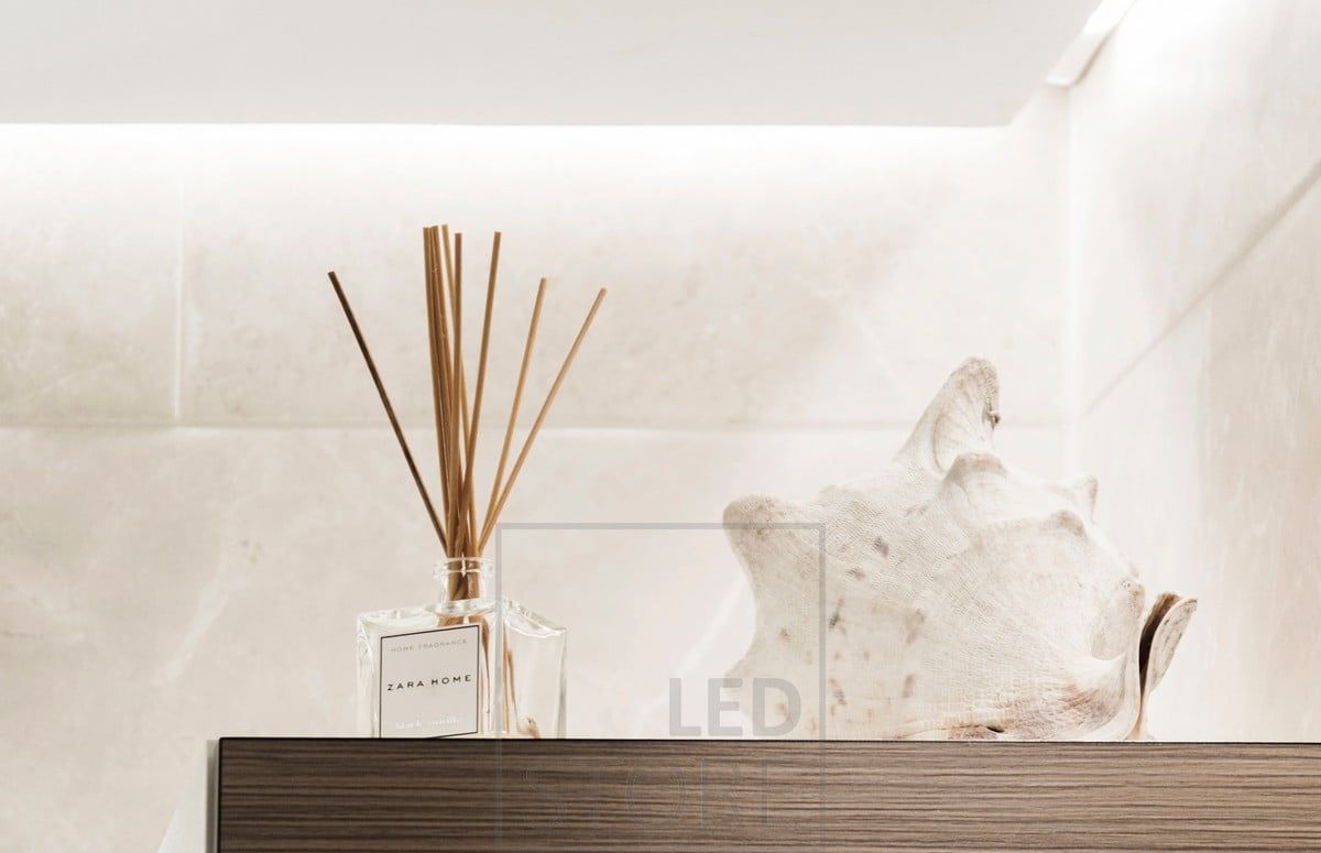 Indirect light in the bathroom creating soft and atmospheric light. Ledstore.fi