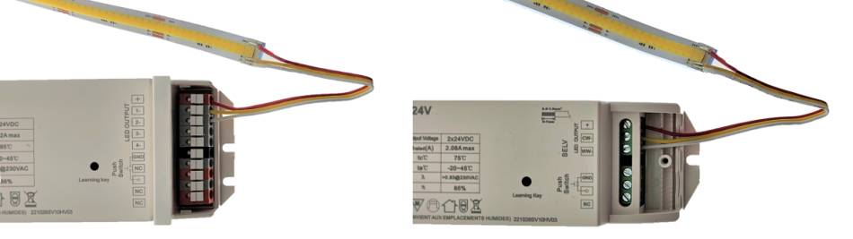 2 different connection methods for an LED light strip in a transformer