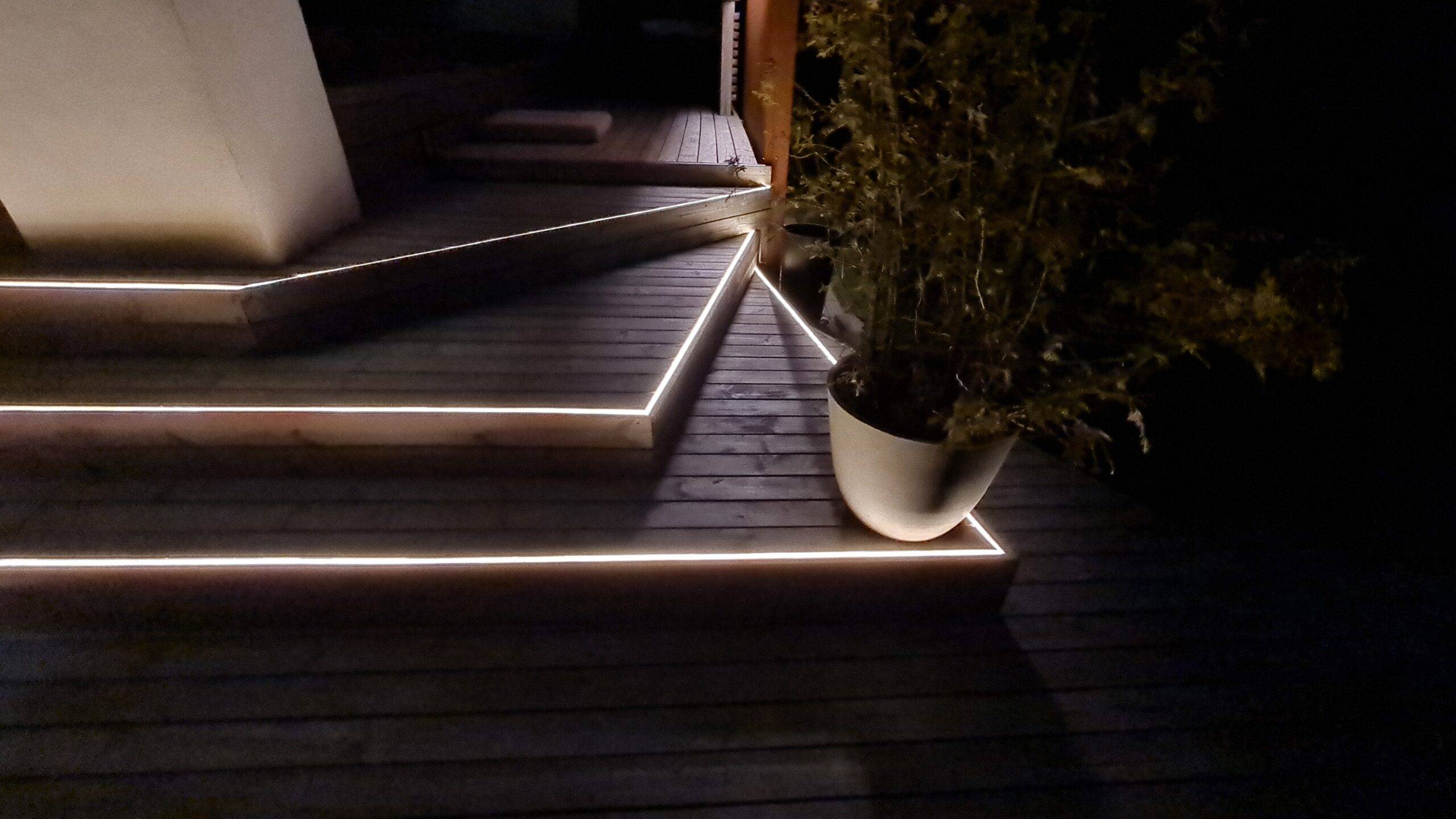 NEON led strip installed on the edges of the steps on the terrace.