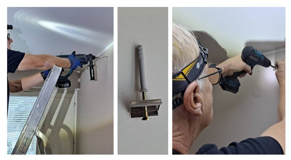 Drilling holes in the stone wall and screwing them in place