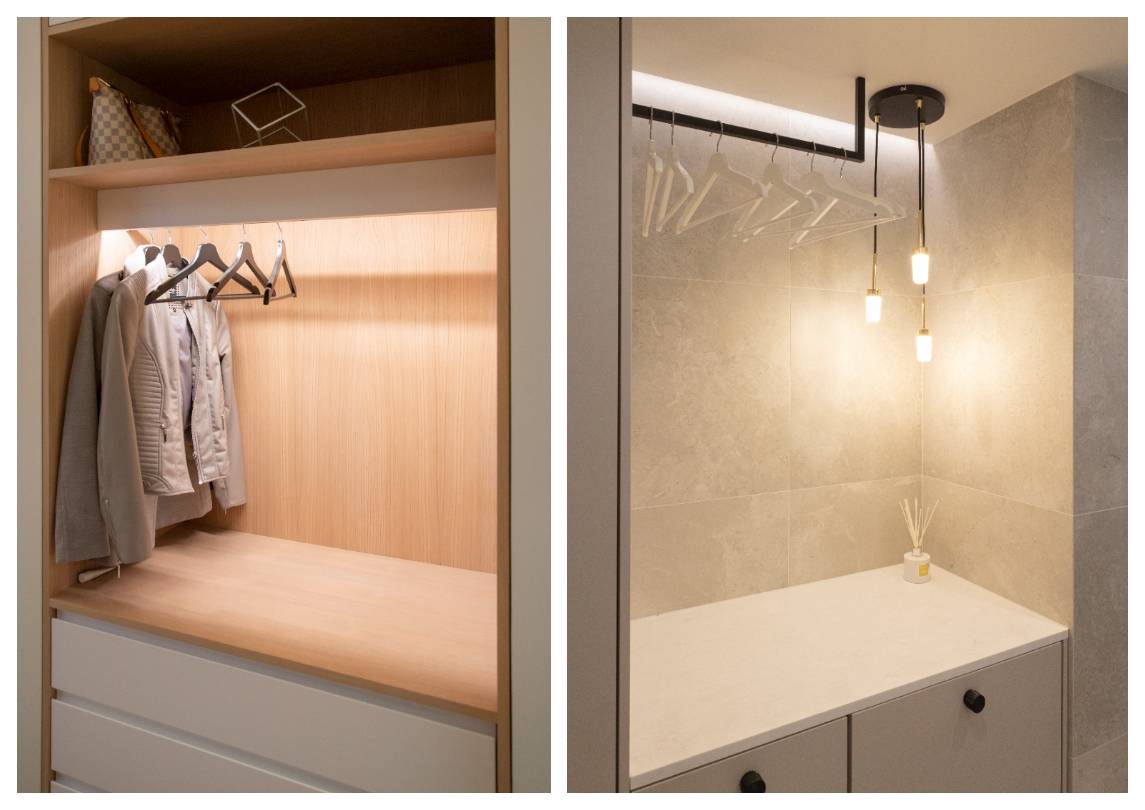 In the picture on the left, LED strip lighting in an open wardrobe, hanging from coat hangers. In the right picture, behind the clothes rail at the ceiling-wall interface, indirect LED strip lighting illuminates an open wardrobe.   