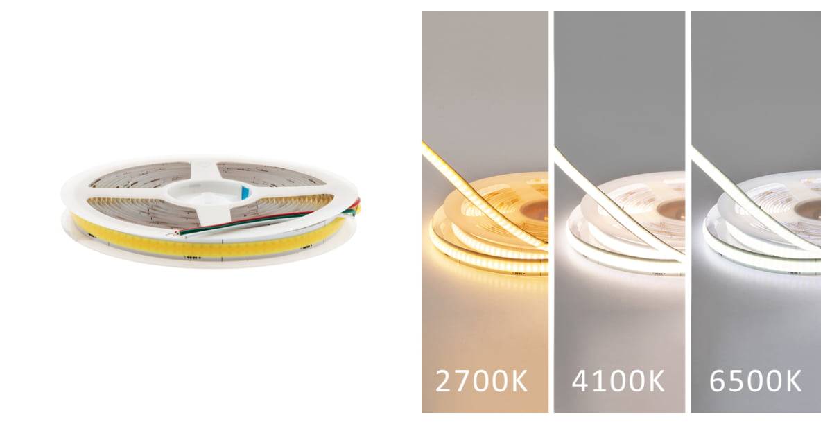 COB LED strip offering warm, neutral, and cool white lighting options.