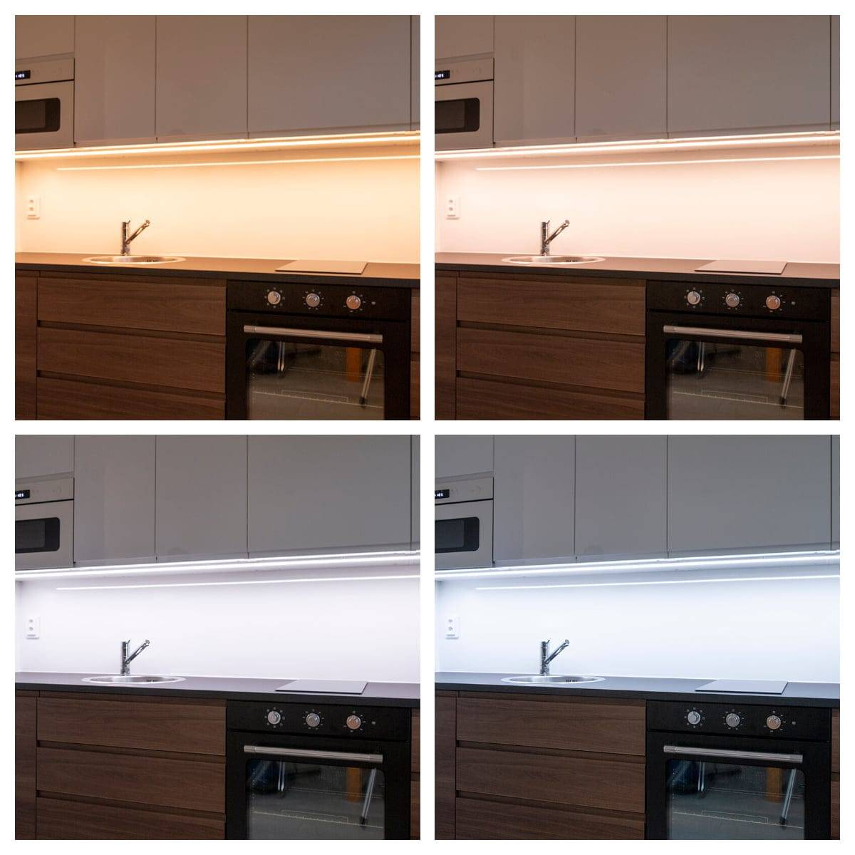 The lighting in the intermediate kitchen area is temperature-controlled