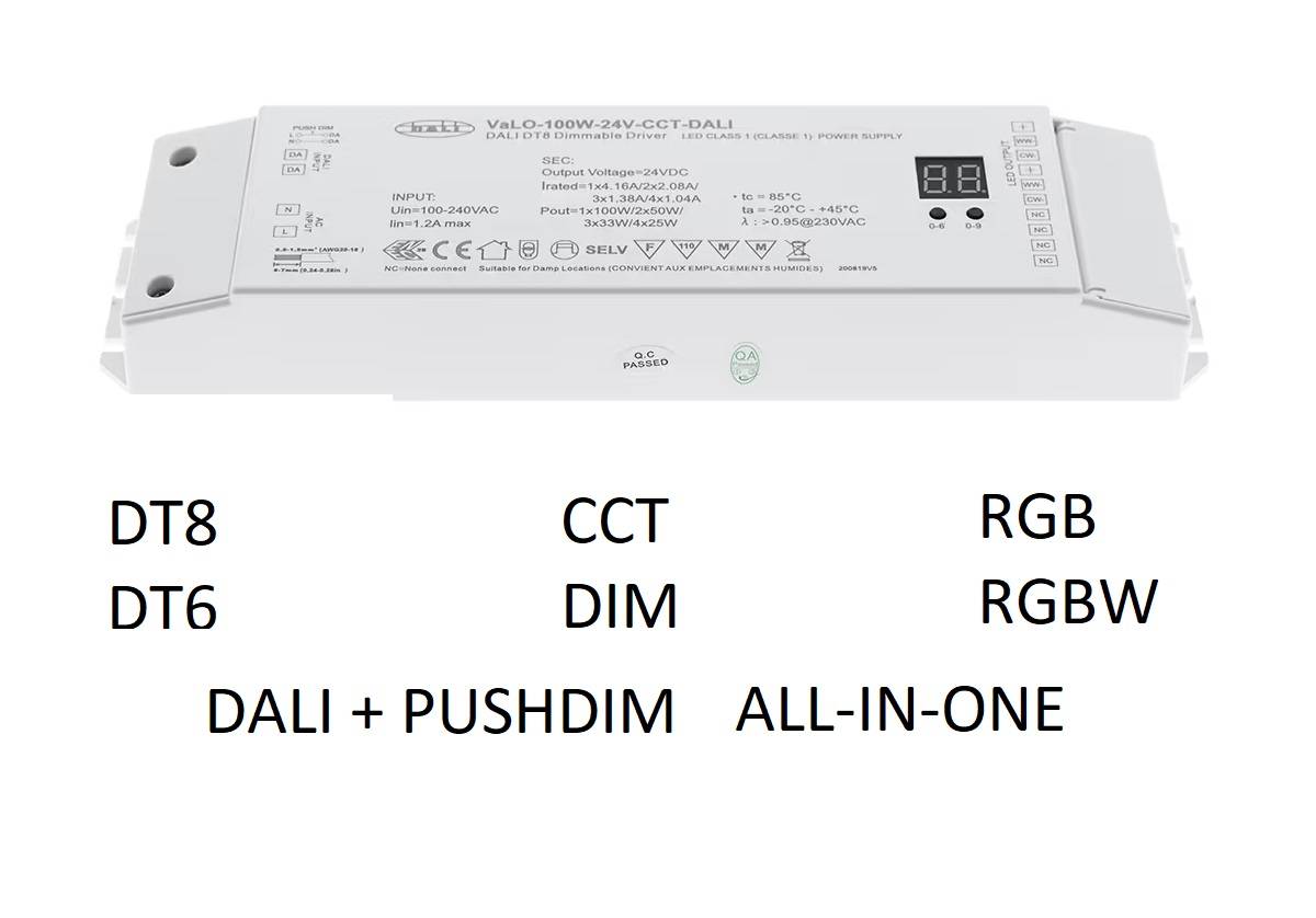 A powerful white LED controller with advanced DALI features DT8, CCT, RGB, DT6, DIM, RGBW and DALI+PUSHDIM.
