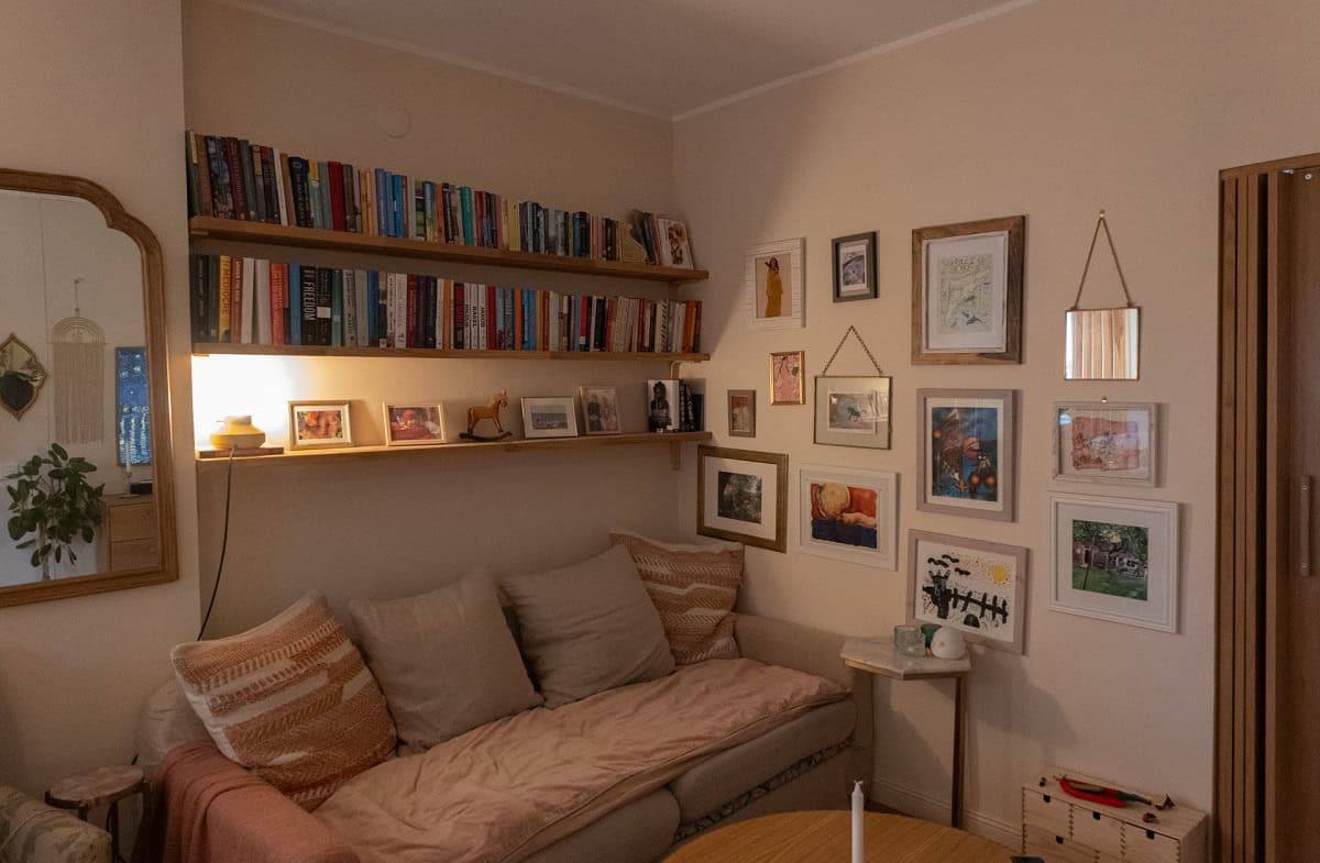 The living room corner and bookshelf.