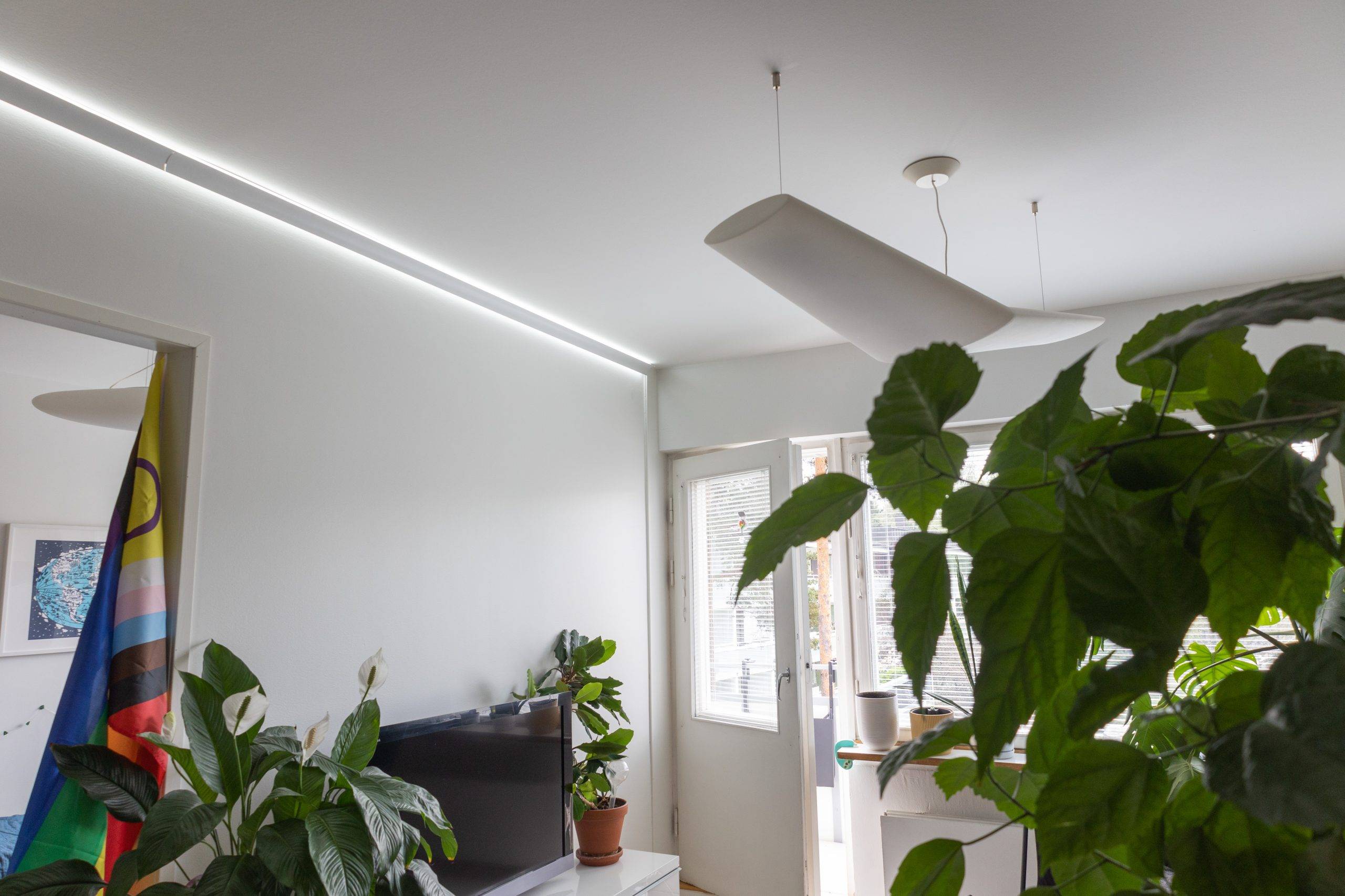 A modern living room with a minimalist design features large green plants, a TV and a colourful flag. A stylish LED light features on the ceiling alongside elegant LED elements, while natural light floods in through the glass doors leading out.