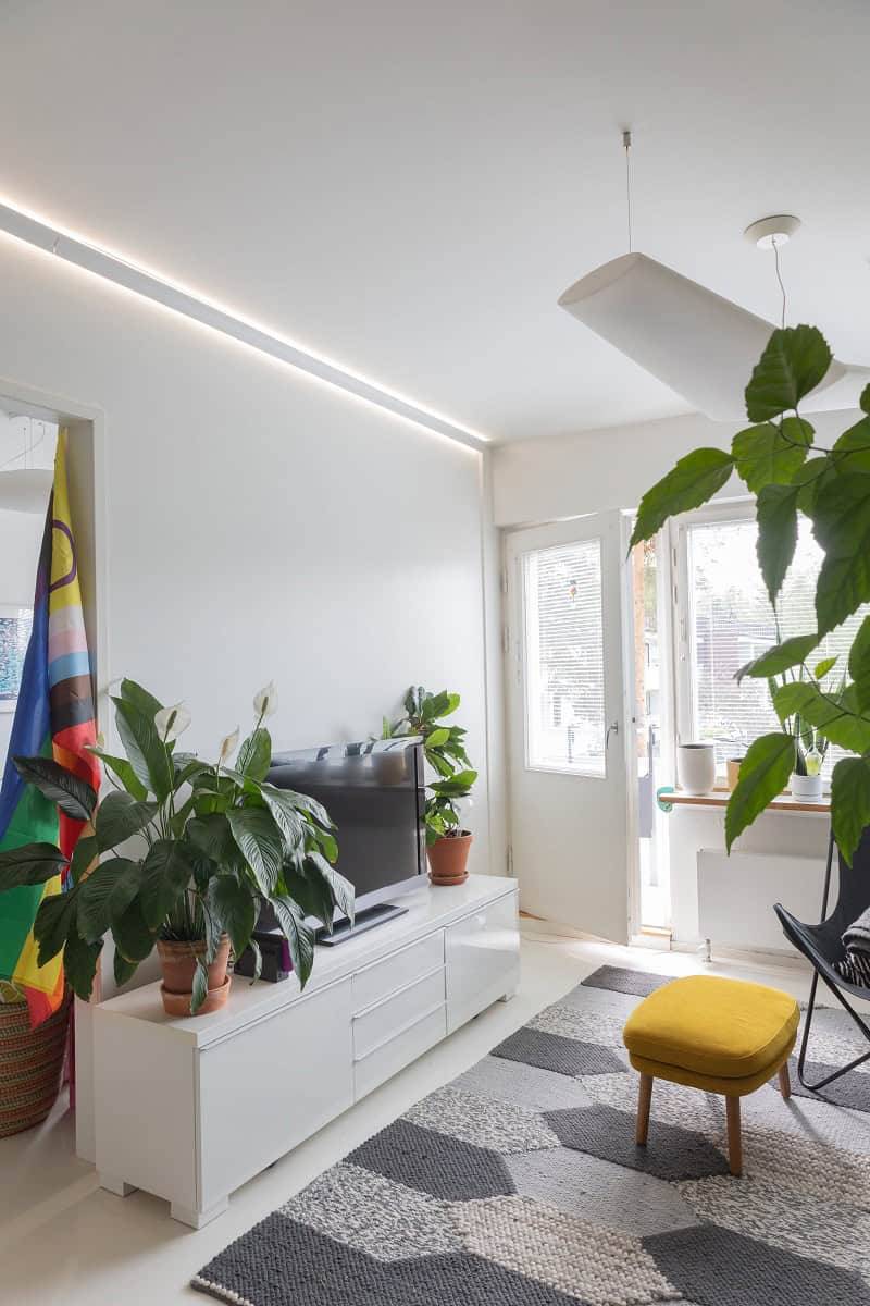 An LED strip can be used to illuminate the TV area in the living room.
