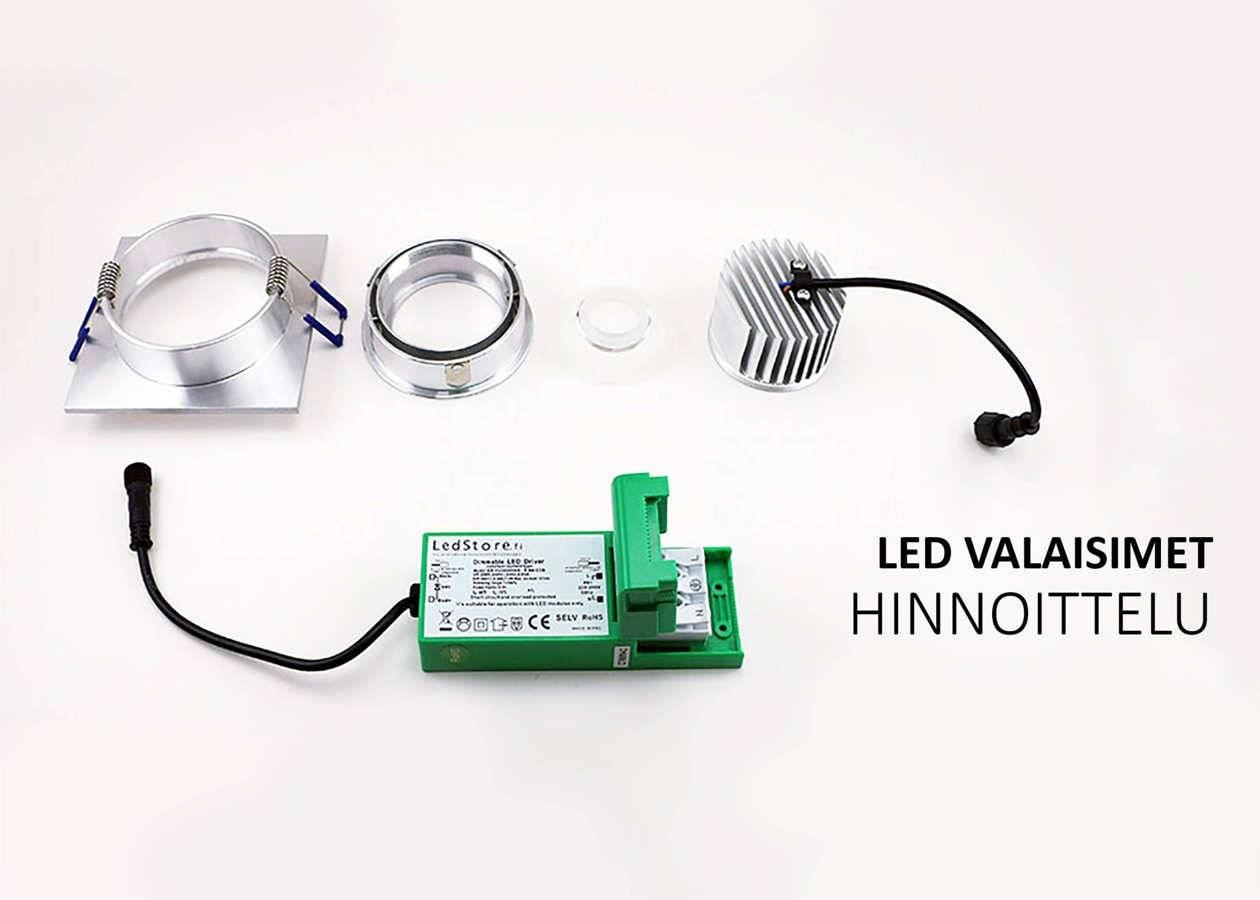 Layout of LED lighting components: bracket, circular lens, heat sink with wire, power supply. Text: "LED LIGHTS PRICING." Ideal for LED projects.