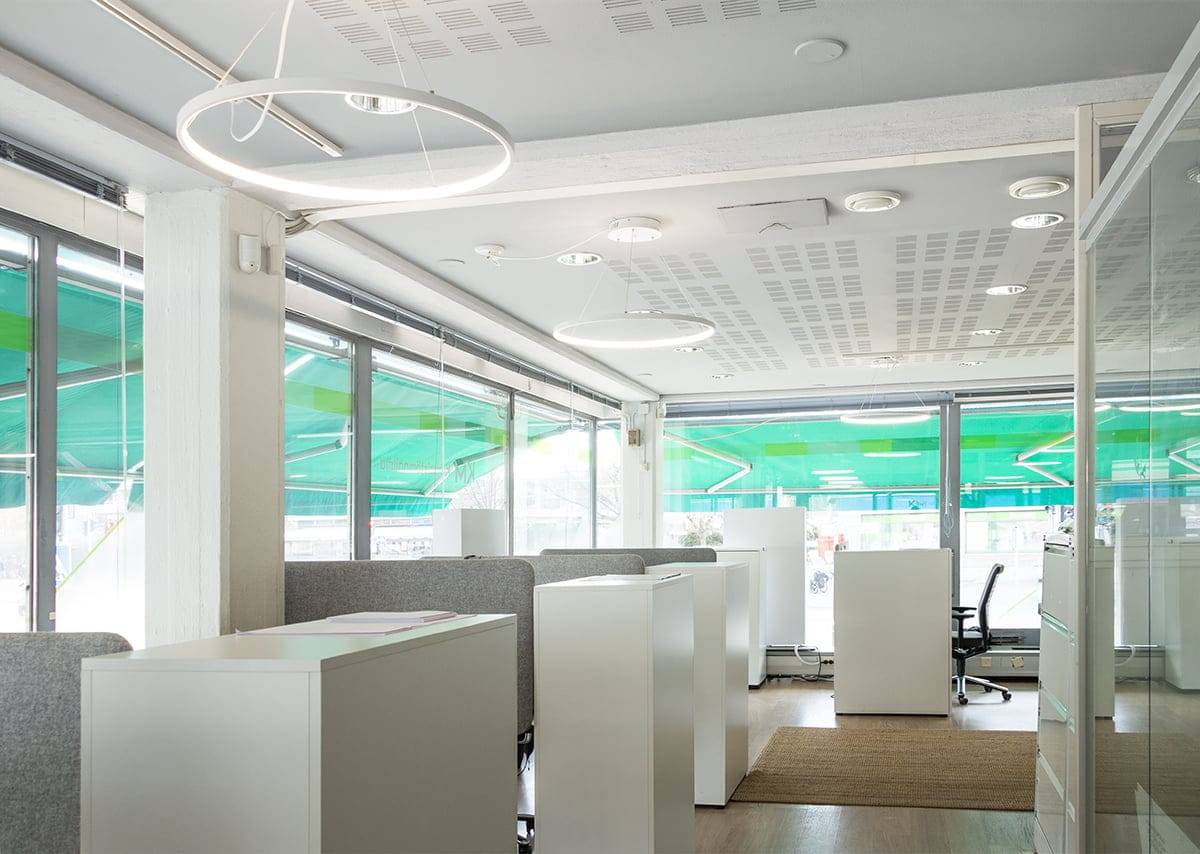 A modern office with white desks, grey chairs, round LED lights and large windows with green shades. Light wood floors and carpets add to the space.