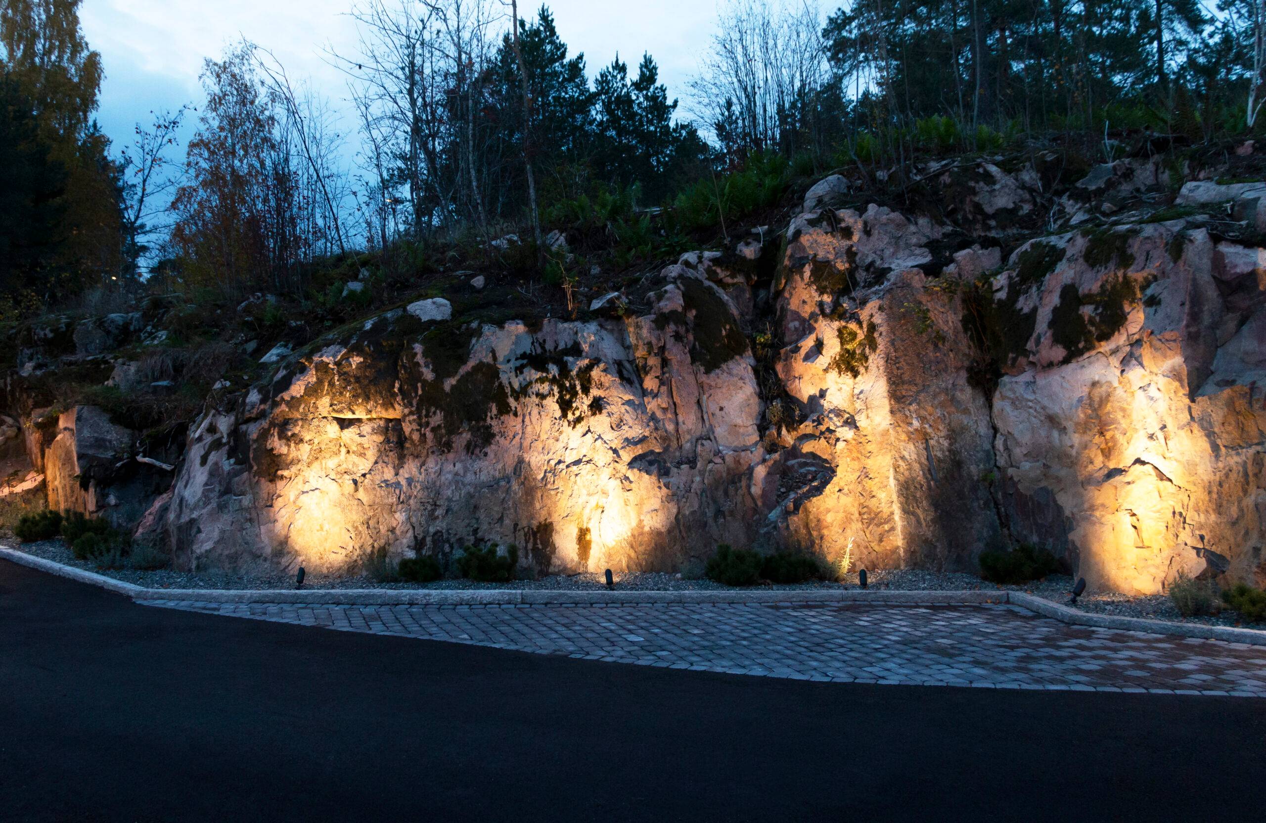 At the edge of the rocky courtyard, LED landscape lights accentuate the stiff shapes.