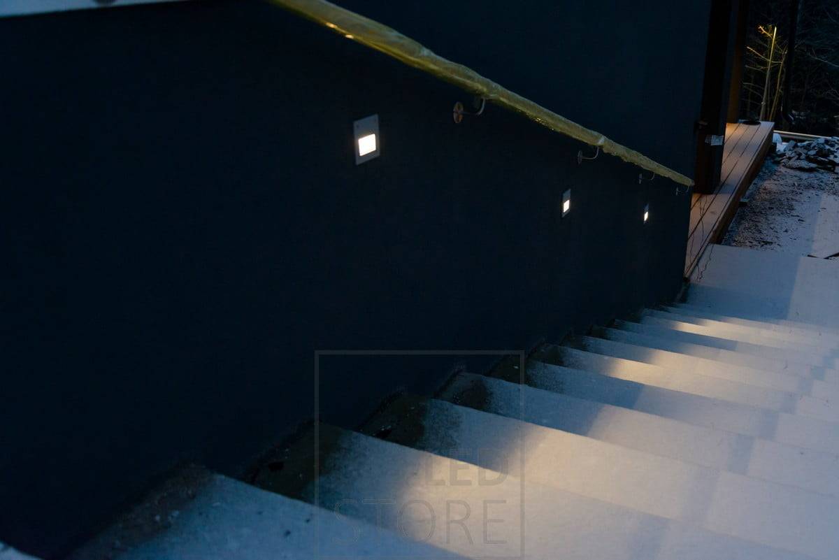 Recessed IN-WALL OUT led lights illuminating staircase outside. Illuminating pathways create safety and athmosphere. Ledstore.fi