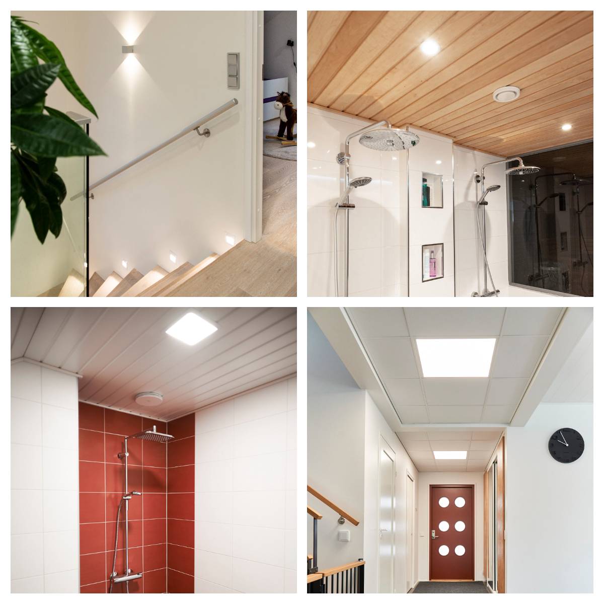 TRIAC dimmable lights include wall lights, recessed light panels, and recessed small LED spotlights. Applications include corridors, bathrooms, hallways, living rooms and bedrooms.