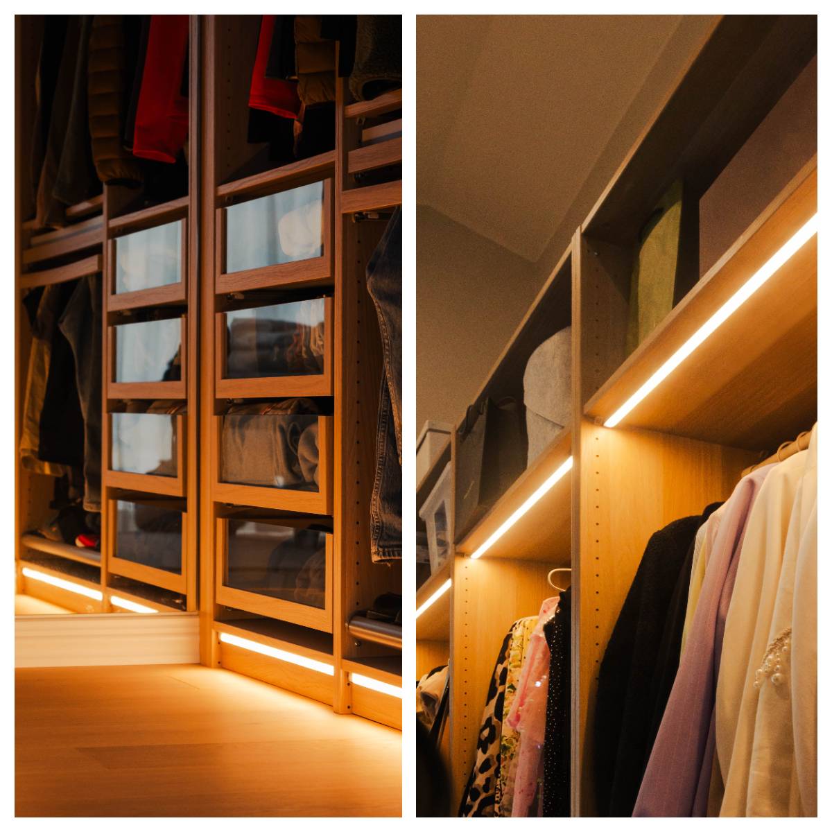 Lighting of the wardrobe cupboards with LED strip from above the wardrobes and from the plinth.