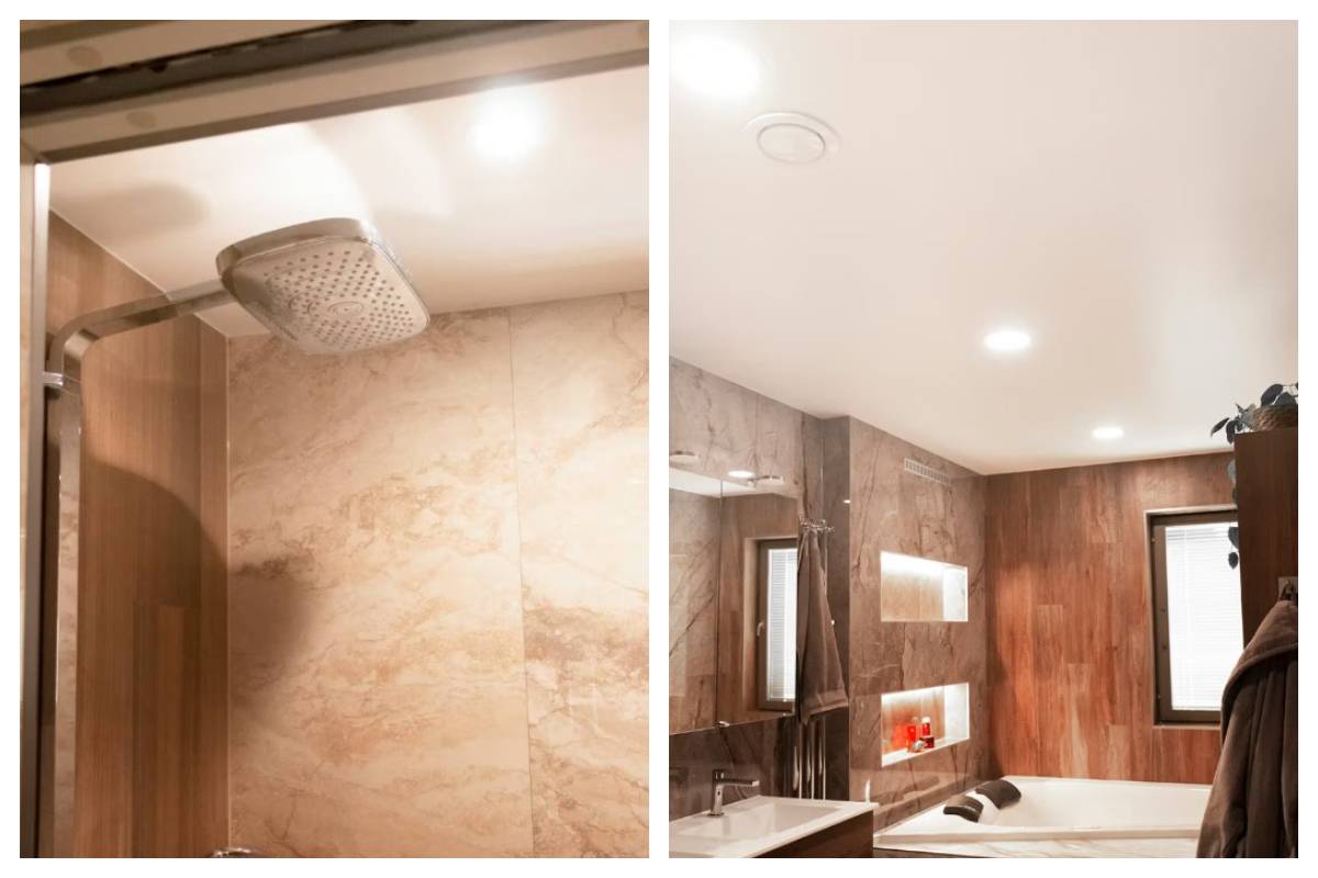A split view of a modern bathroom in Kaitamäki, Espoo: on the left a stylish shower area, on the right a bathtub, a sink and a thoughtfully designed lighting scheme that creates a cosy atmosphere for the whole family. Energy-efficient LedStore.fi lights complete the modern look.