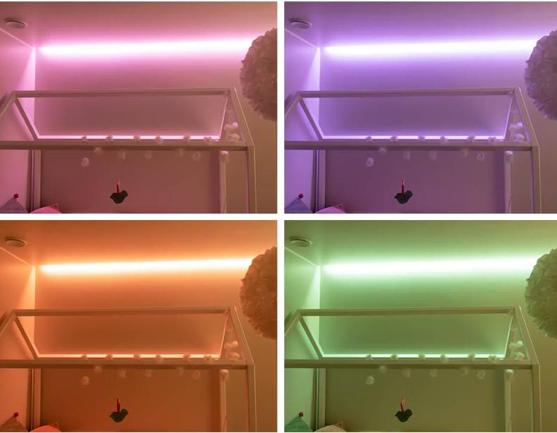 In a family home in Kaitamäki, Espoo, the bed frame is illuminated with a lighting solution consisting of LED strips from LedStore.fi, which produces atmospheric shades of pink, violet, orange and green.