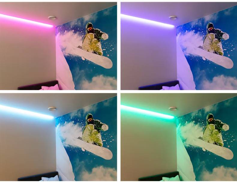 A snowboard-themed mural, enlivened by LedStore.fi's LED lights in interchangeable colours - pink, purple, blue and green - creates a spectacular and dynamic lighting scheme in the home of an Espoo family in Kaitamäki.