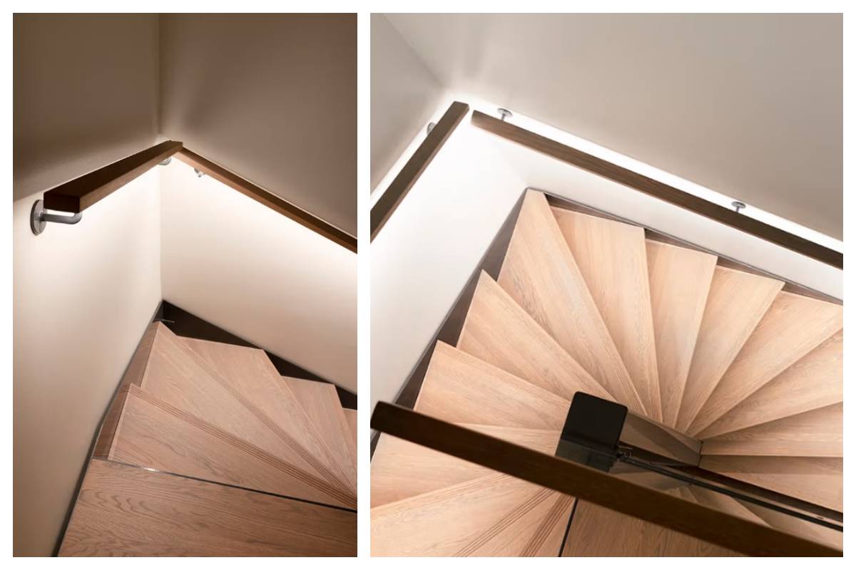 Wooden stairs with metal railings, viewed from above and from the side - a modern lighting scheme by LedStore.fi highlights this elegant detail in the home of the Kaitamäki family in Espoo.