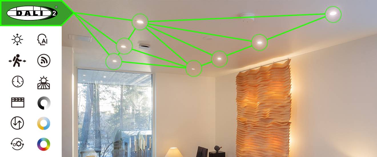 Installation simplified - DALI lighting control in the smart home is increasingly the choice of more people LedStore.fi offers top quality LED lighting for the modern living room, where ceiling lights are also connected by green lines. The icons on the left represent various smart home functions such as lighting, connectivity and automation. Wall panels and large windows complement the interior design.