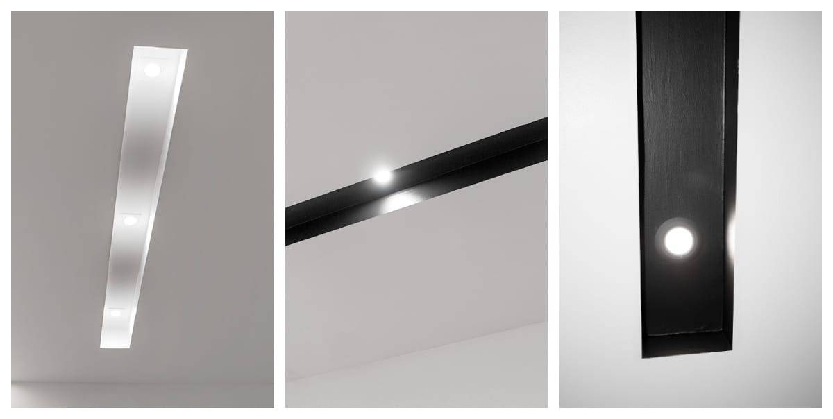 Figure 1: Recessed white LED strip light in the ceiling. Photo 2: Black LED strip with two round lights. Figure 3: Close-up of black LED strip with one circular light.