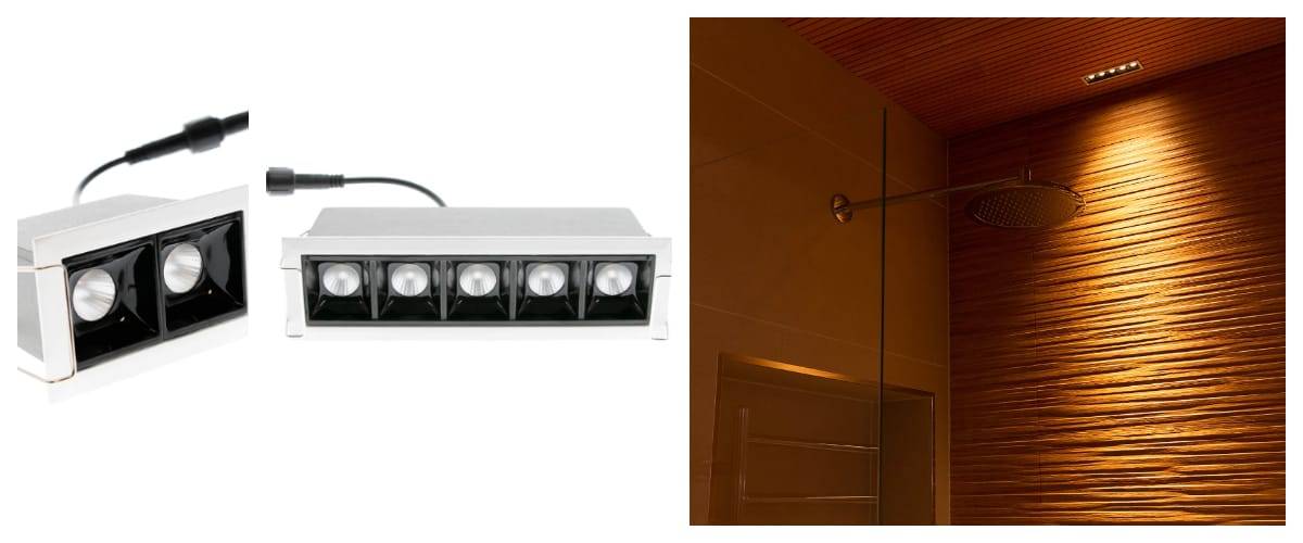Close-up of two rectangular LED ceiling lights with multiple bulbs on the left side. On the right, the modern shower features a textured brown wall, an overhead rain shower and a similar LED ceiling light to create a warm atmosphere. Check out similar lighting solutions in the LedStore.fi online store!