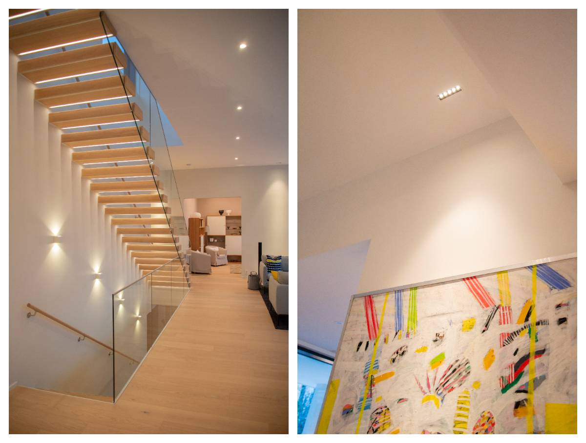 Interior lighting with LED lights in the left picture in the corridor with spotlights, wall lights in the staircase with Cubic lights in two directions. In the right picture, a line spotlight highlights the painting.