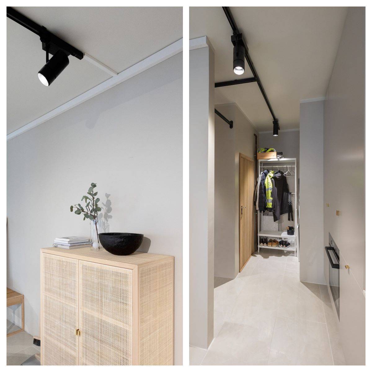 Two shots: on the left, light-coloured surfaces and a light-coloured low shelf, with a black three-phase track and a black FOCUS spotlight on the ceiling. On the right, a corridor with light-coloured surfaces and a coat rack with clothes at the end of the corridor. A black three-phase track with spotlights runs along the ceiling.