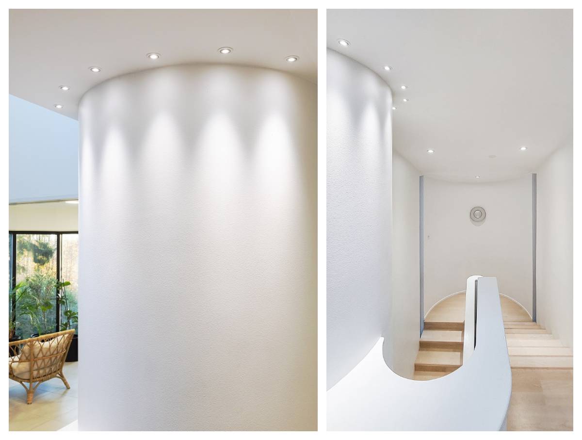 interior lighting with led lights is achieved here by accentuating the curved column shapes with small 3 watt spots illuminating from top to bottom.