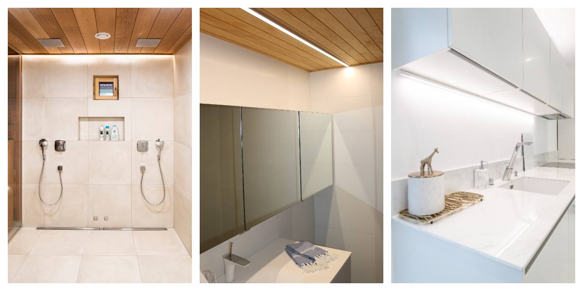 Three modern bathroom designs: the fitted bathroom has a simple shower with two showerheads and recessed LED lights; the en suite bathroom displays a mirror and a minimalist basin; the third has a stylish level with toiletries and a giraffe sculpture. All lighting implemented with LED solutions from LedStore.fi.
