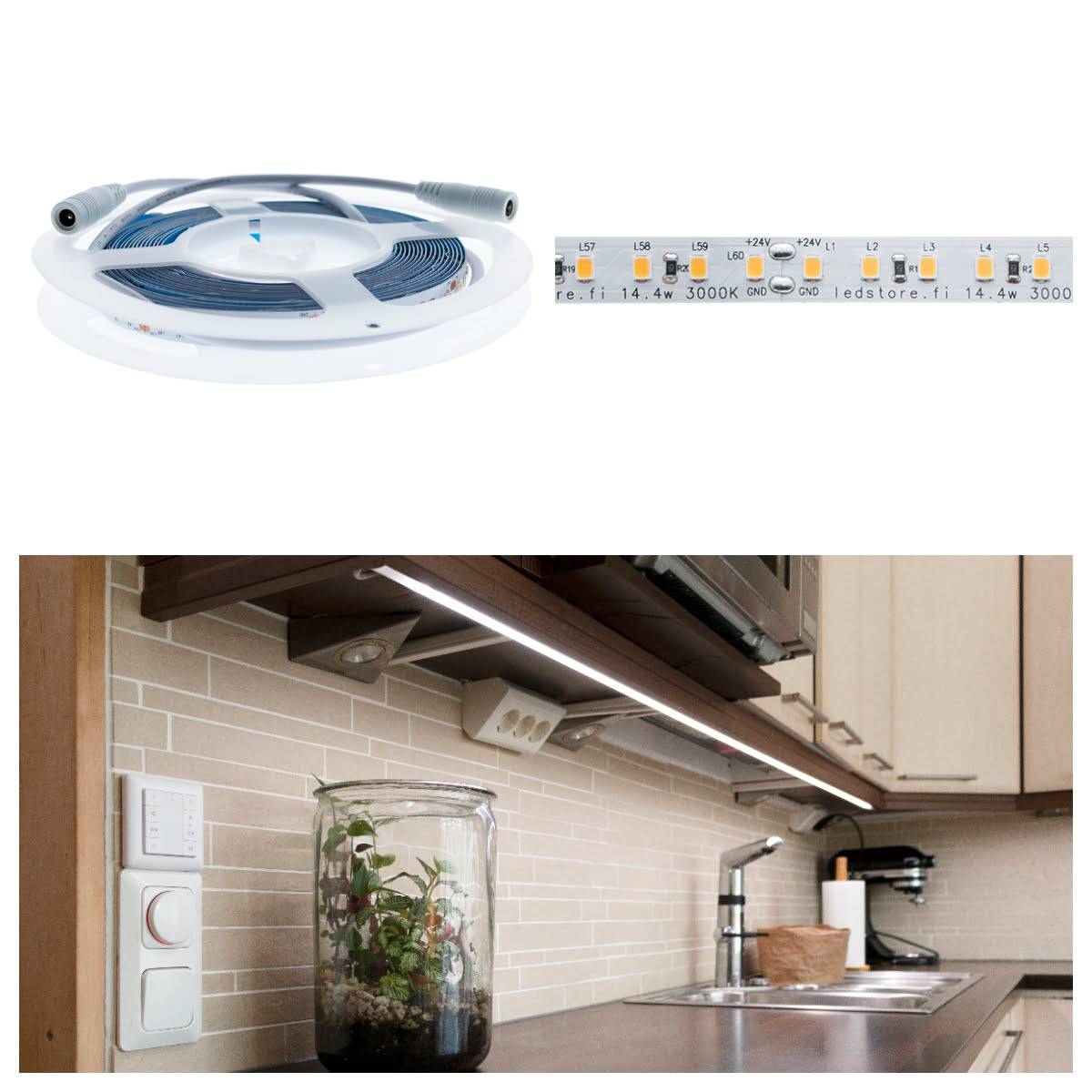 LED strip for the kitchen backsplash installed in a low surface-mounted profile.