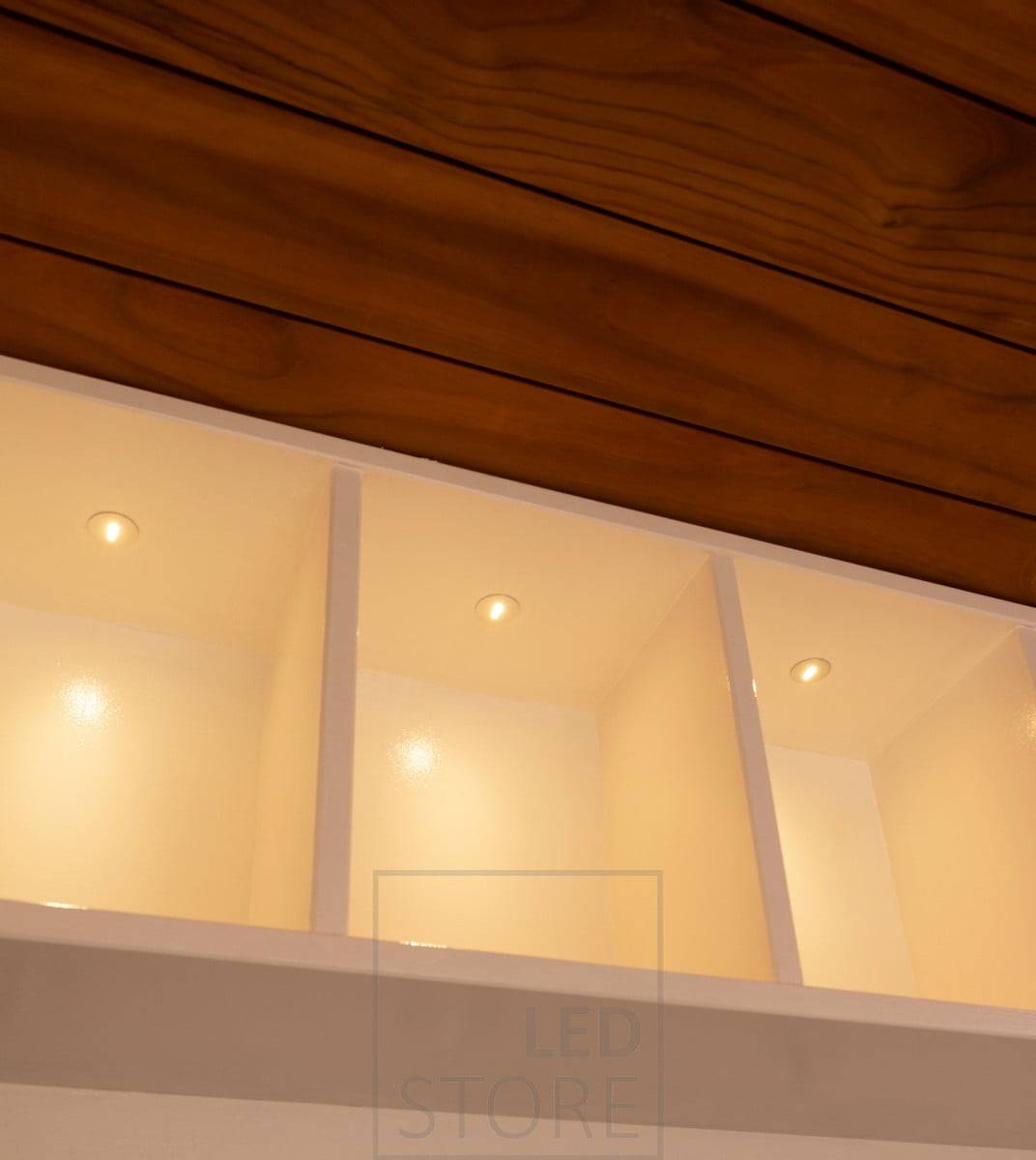 Sauna-series 1W spotlights illuminating shelves in the bathroom. Ledstore.fi
