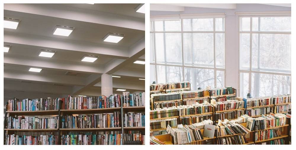 Led lighting in lighting design and natural light in the library