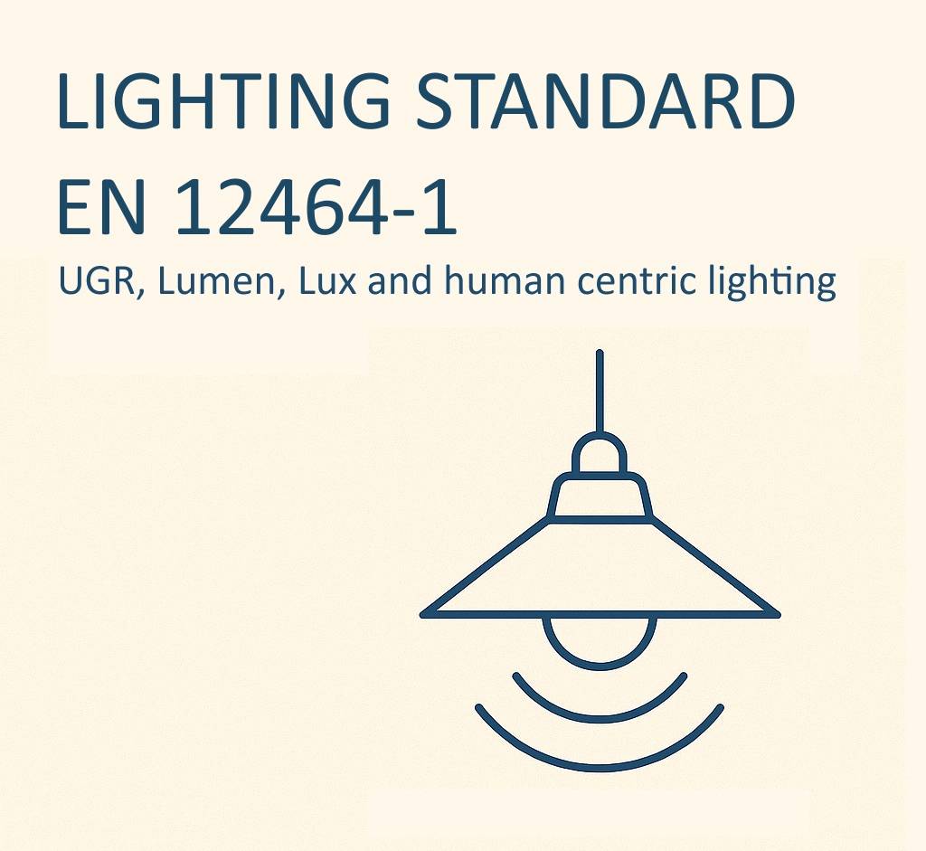Line drawing of LedStore.fi ceiling light with the texts EN 12464-1, human-centric lighting, UGR, lumens, lux.